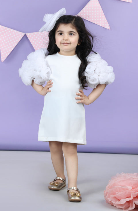 Pre-Order: Straight Dress embellished with bunch of 3d fabric flowers in sleeves