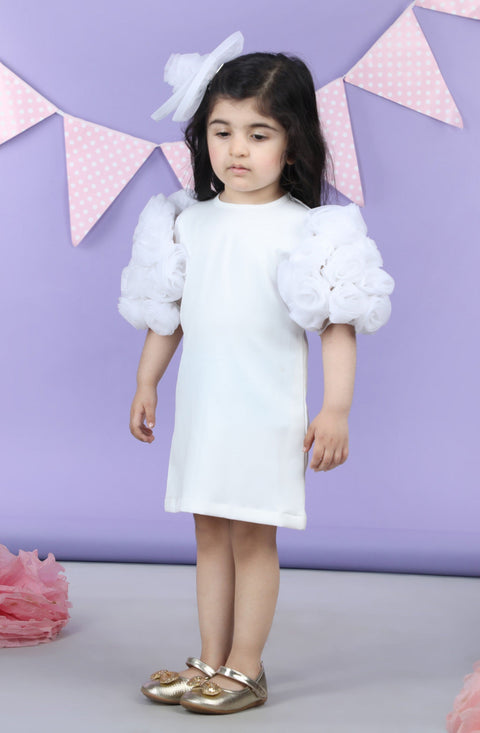Pre-Order: Straight Dress embellished with bunch of 3d fabric flowers in sleeves