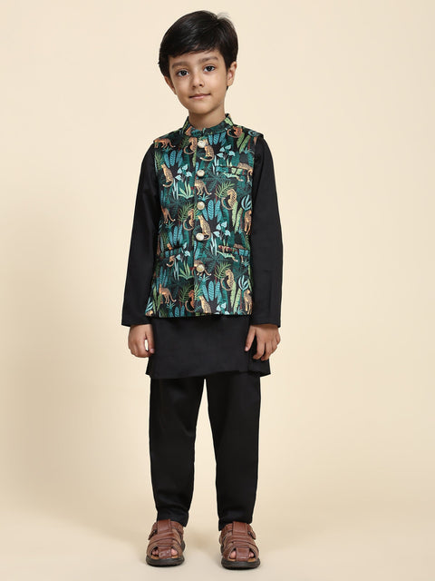 Pre-Order: Black Leopard Satin  Koti with Black Kurta Pajama Set