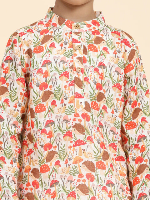 Pre-Order: Mushroom Print Pure Linen Kurta  and Premium Cotton Pajama Set