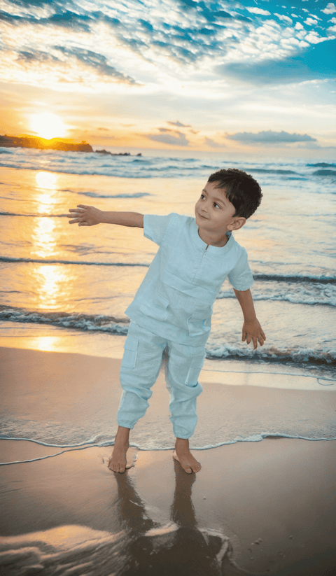 Pre-Order: Box Pleated Pure Linen  Premium Co-ords - Sky Blue