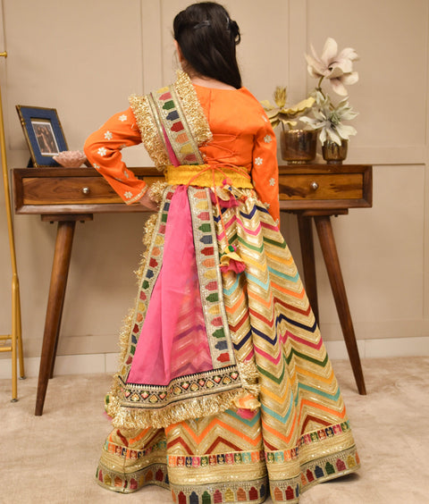 Pre-Order : Orange Elegance Embroidered Lehenga & Silk Choli Set for Girls