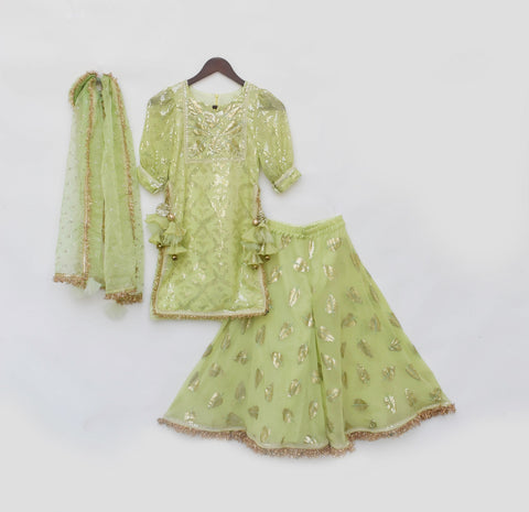 Pre Order: Pista Green Embroidery Kurti Sharara