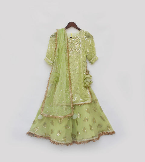 Pre Order: Pista Green Embroidery Kurti Sharara