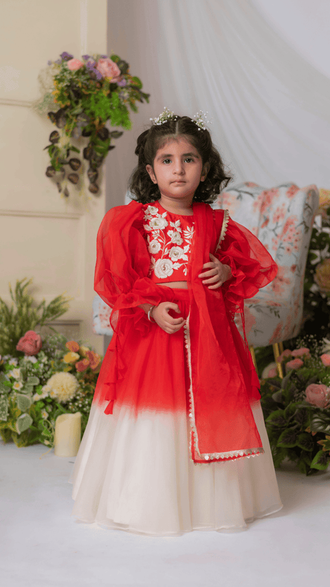 Pre-Order: Red And White Embroidered Blouse With Ghaghra And Dupatta