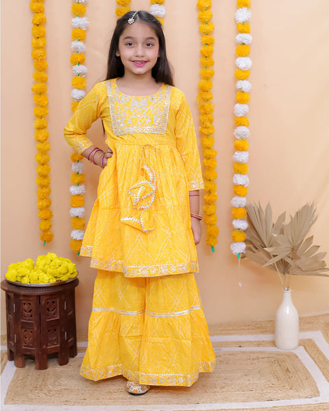 Aatya Kiids Full Sleeves Zari embroidery Kurti with Sharara - Yellow.