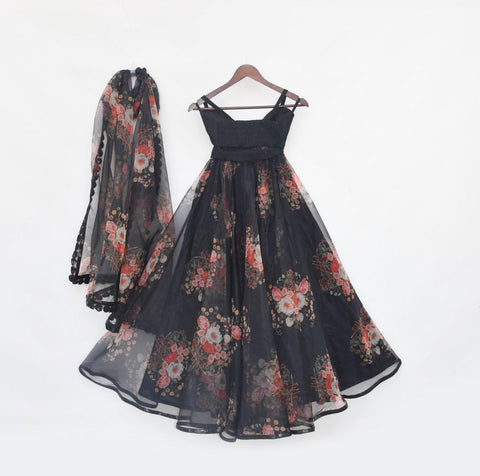 Pre Order: Black Crop Top with Printed Skirt