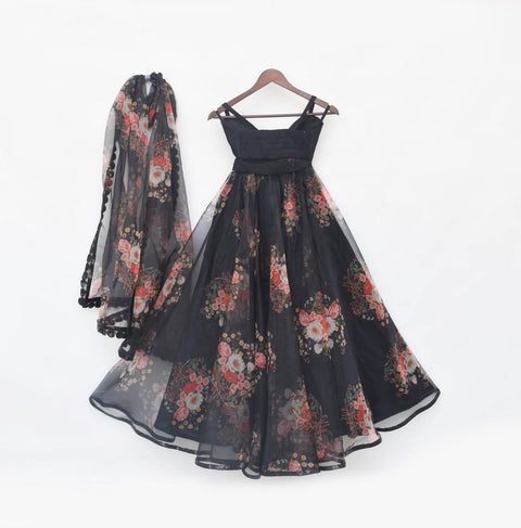Pre Order: Black Crop Top with Printed Skirt