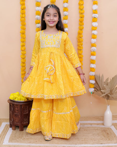 Aatya Kiids Full Sleeves Zari embroidery Kurti with Sharara - Yellow.