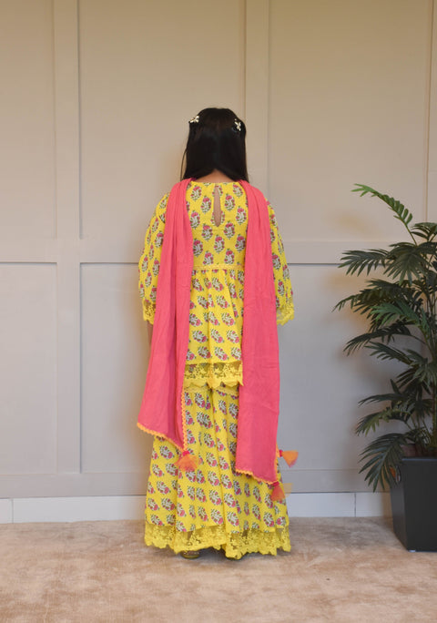 Pre Order: Yellow Printed Kurti Sharara