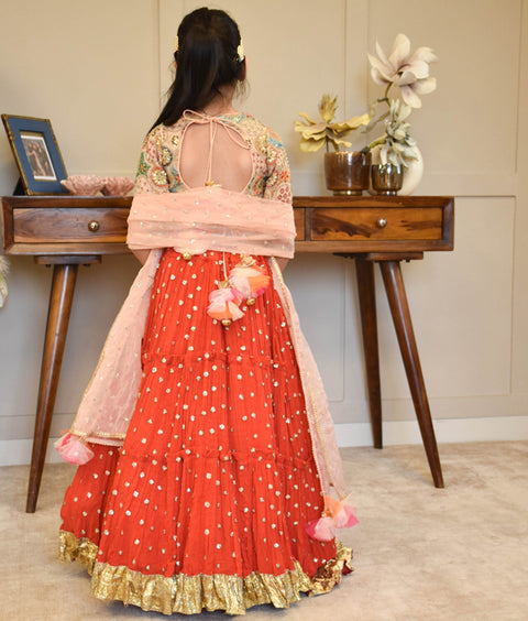 Pre-Order -  Red Crinkle Lehenga Set Set for Girls