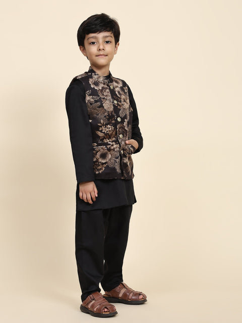 Pre-Order: Golden Flower Velvet Koti with Black Kurta Pajama Set