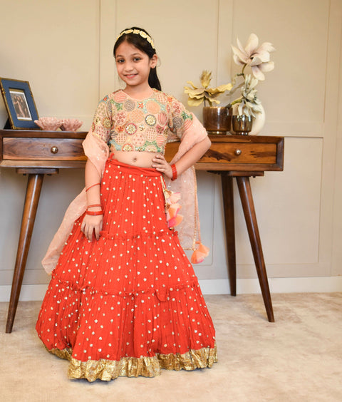 Pre-Order -  Red Crinkle Lehenga Set Set for Girls