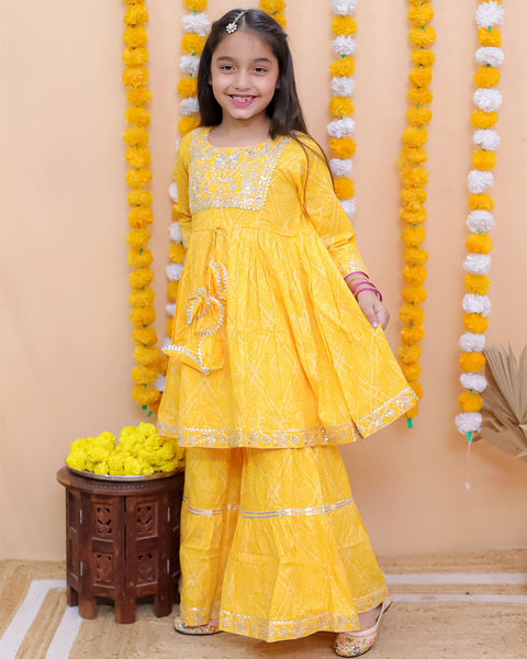 Aatya Kiids Full Sleeves Zari embroidery Kurti with Sharara - Yellow.