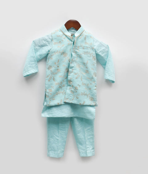 Pre-Order: Blue Embroidered Nehru Jacket Set for Boys