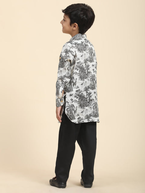 Pre-Order: Wildlife Print Pure Linen Kurta  and Premium Cotton Pajama Set