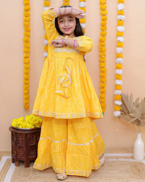 Aatya Kiids Full Sleeves Zari embroidery Kurti with Sharara - Yellow.