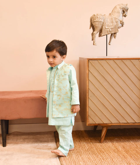 Pre-Order: Blue Embroidered Nehru Jacket Set for Boys