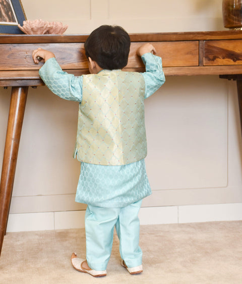 Pre-Order: Blue Brocade Nehru Jacket Set for Boys