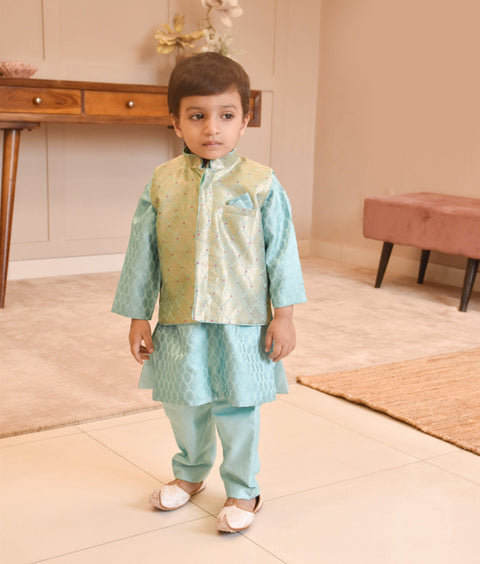 Pre-Order: Blue Brocade Nehru Jacket Set for Boys