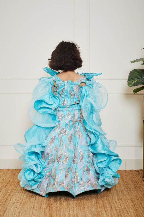 Pre Order: Sky Blue Embroidery Crop Top Skirt