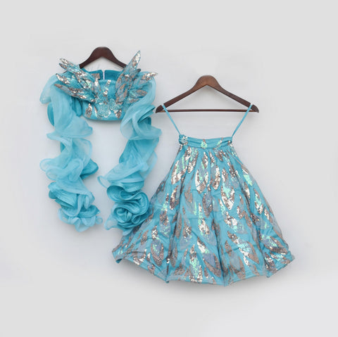 Pre Order: Sky Blue Embroidery Crop Top Skirt