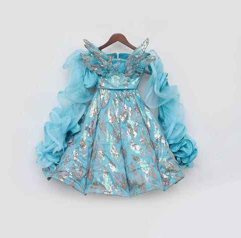 Pre Order: Sky Blue Embroidery Crop Top Skirt