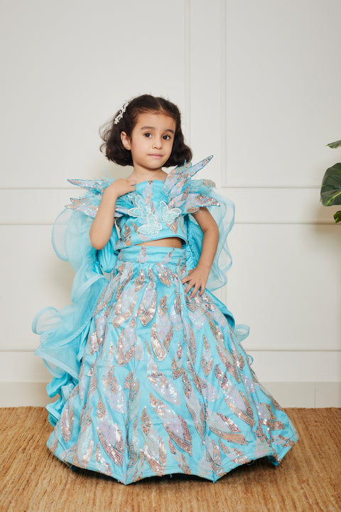 Pre Order: Sky Blue Embroidery Crop Top Skirt