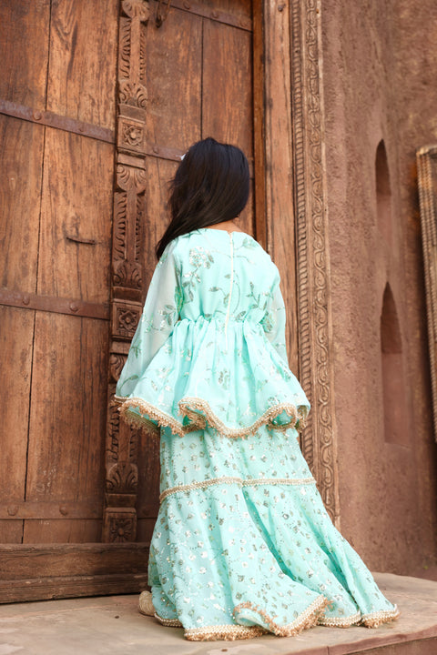 Pre Order: Blue Embroidery Kurti Sharara