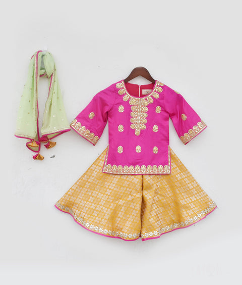 Pre-Order - Pink Kurti with Yellow Brocade Sharara for Girls
