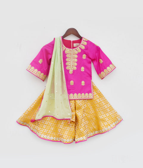 Pre-Order - Pink Kurti with Yellow Brocade Sharara for Girls