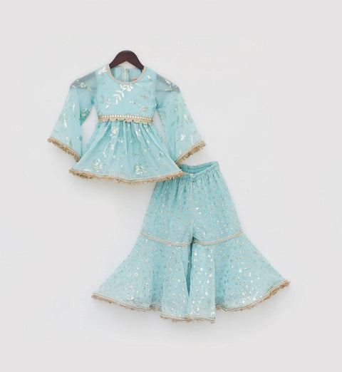 Pre Order: Blue Embroidery Kurti Sharara