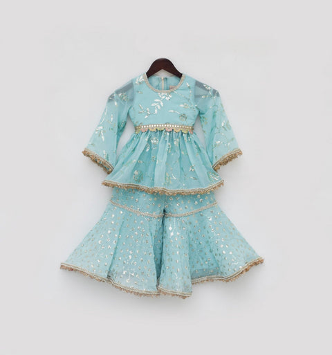 Pre Order: Blue Embroidery Kurti Sharara