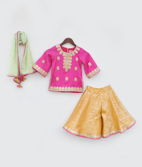 Pre-Order - Pink Kurti with Yellow Brocade Sharara for Girls