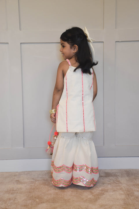 Pre Order: Off white Embroidered Kurti Sharara Set