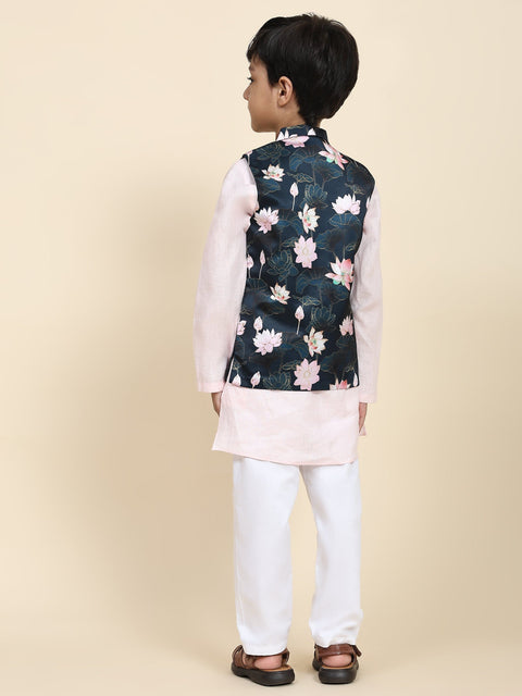 Pre-Order: Lotus Print Satin Koti with Pink Kurta White Pajama Set