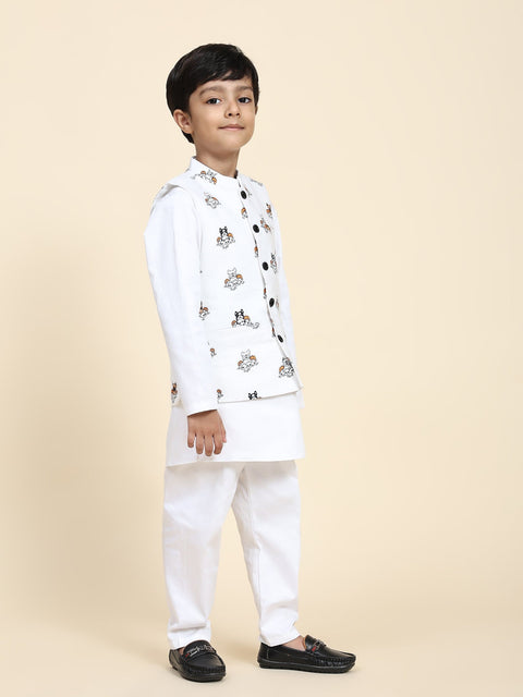 Pre-Order: Dog Print Linen Koti with Pure Cotton White Kurta Pajama Set