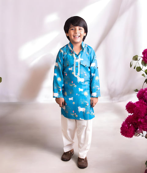 Pre-Order: Blue Printed Kurta Salwar Set