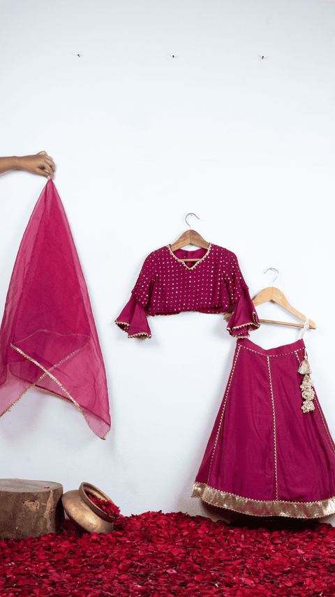 Pre-Order: Wine Thread Embroidered and Gota Lace Detailed Ghaghra