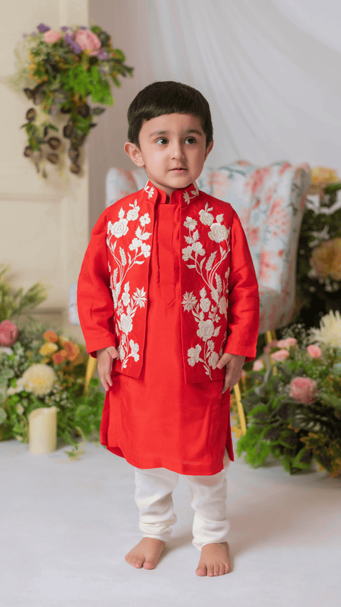 Pre-Order: Red And White Embroidered Nehru With Kurta And Churidar