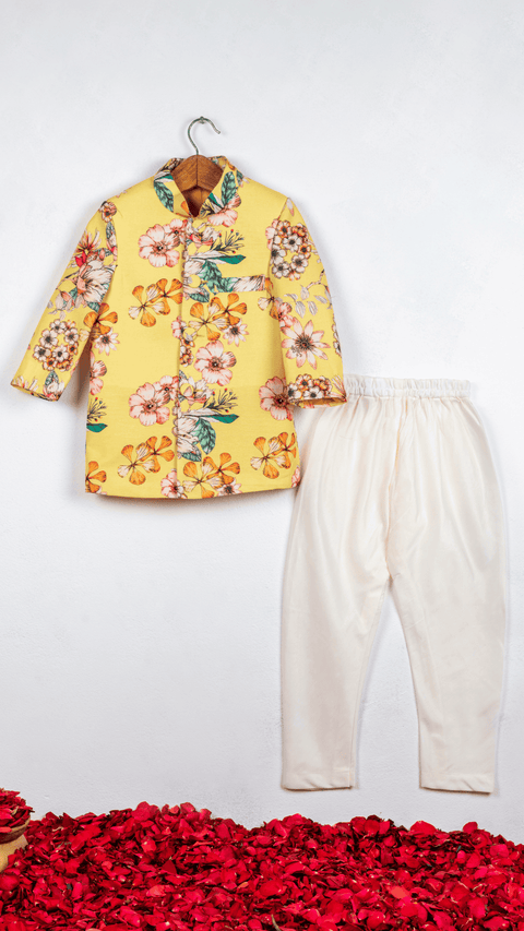 Pre-Order: Yellow Floral Printed Sherwani Set