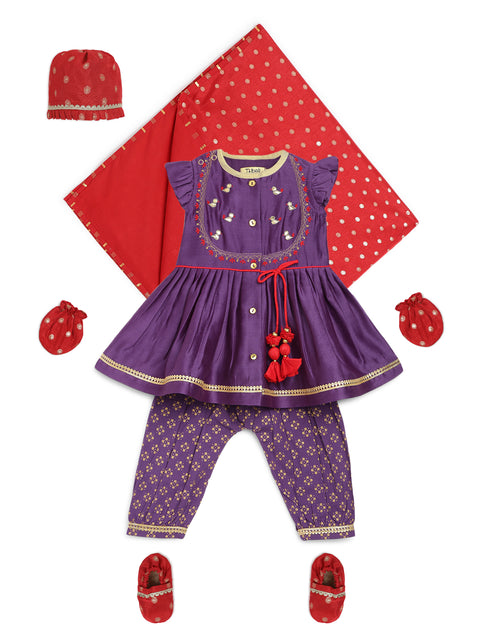 Pre-Order: Baby Girl Chanderi Silk Ruffle Sleeves Combo Set - Purple