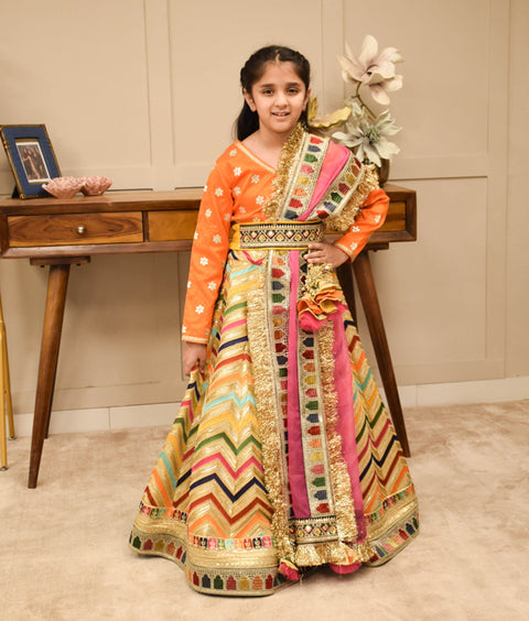 Pre-Order : Orange Elegance Embroidered Lehenga & Silk Choli Set for Girls