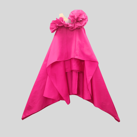 Pre-Order: Flower Power Meets High-Low One-Shoulder Dress with Flared Taffeta Flower