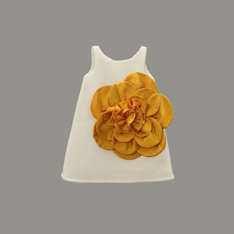 Pre-Order: DIisneyland Neoprene with White Sleeveless Dress with Yellow Taffeta Flower