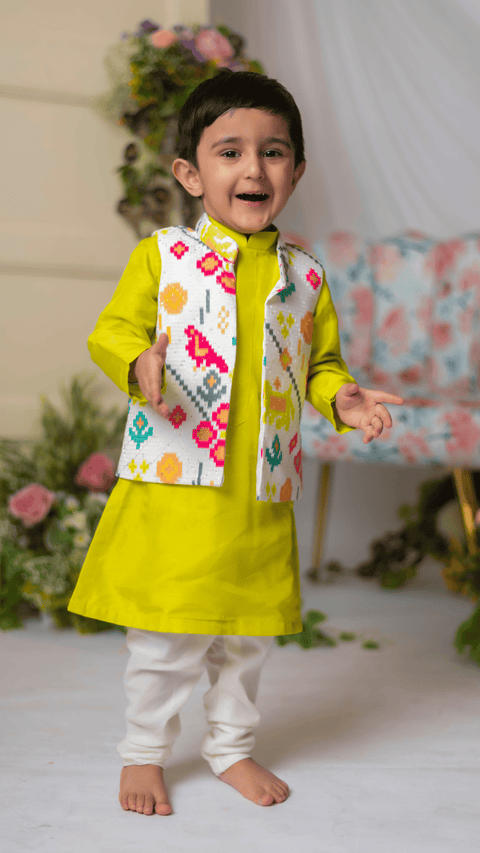 Pre-Order: White Ikkat Nehru With Green Kurta Churidar Set