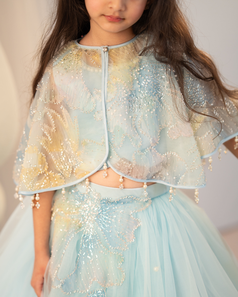 Pre-Order: Blue floral cape lehenga