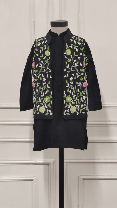 Pre-Order: Black Embroidered Nehru Kurta Set