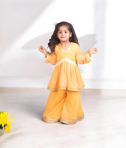 Pre-Order: Yellow Bhandhej Peplum Kurti with Sharara