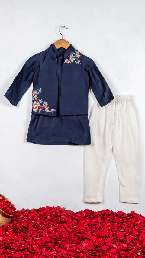 Pre-Order: Blue Embroidered Jacket With Kurta Churidaar